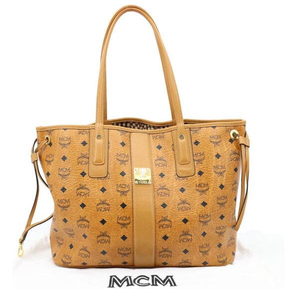 MCM Reversible Liz Medium Visetos Canvas Shopper Tote Bag Cognac - Picture 3 of 12